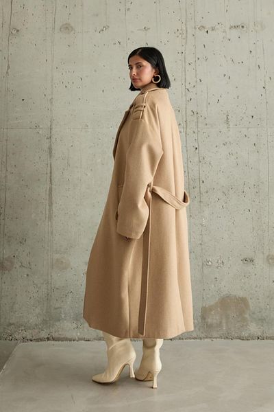 MODAVERA Camel Long Stamp Belted Coat