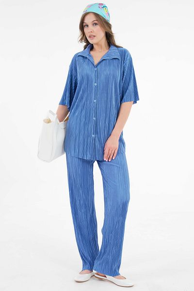 Saade Indigo Pleated Fabric Wide Collar Shirt - Elastic Waist Trousers Knitted Set