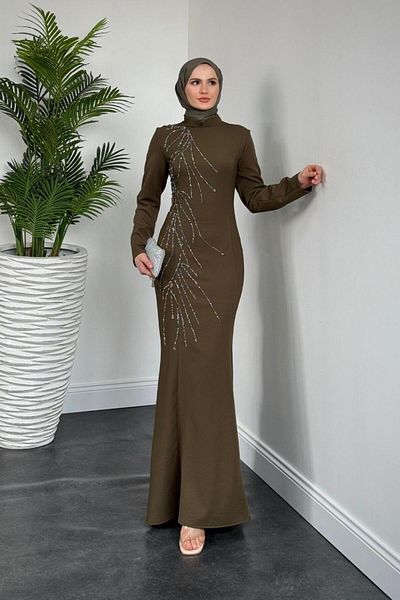 MERVEN AKYÜZ Freesia Side Stone Fish Evening Dress Khaki