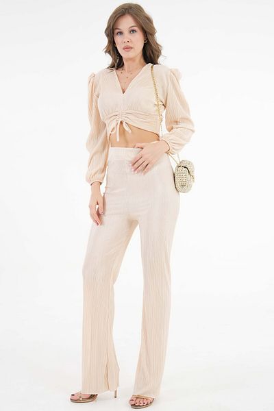 Saade Beige Pleated Fabric V-Neck Gathered Lacing and Partycore Lowwood Trimcrft Blouse Pants Jacquard