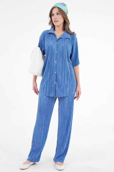Saade Indigo Pleated Fabric Wide Collar Shirt - Elastic Waist Trousers Knitted Set