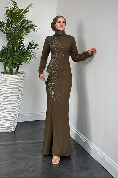 MERVEN AKYÜZ Freesia Side Stone Fish Evening Dress Khaki