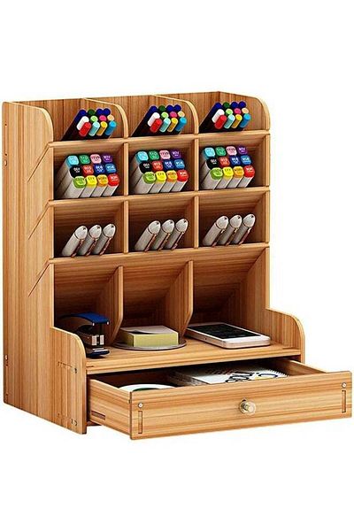 COOYA صندوق منظم مكتب خشبي مع حامل أقلام، 12 حجرة ودرج، تصميم متين، 21 × 15 × 25.5 سم