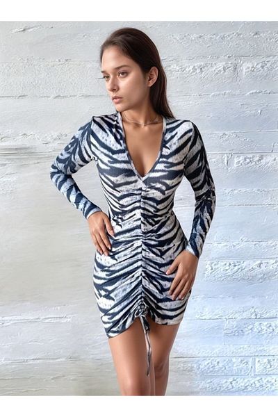 Kokosh moda Women's V-Neck Front Elevator Shirring Detail Opportunity Product Zebra Mini Dress