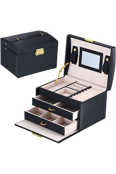COOYA 3 Layer Portable Jewelry Organizer Box,Three-layer Design Double Drawers,With Lock,Waterproof
