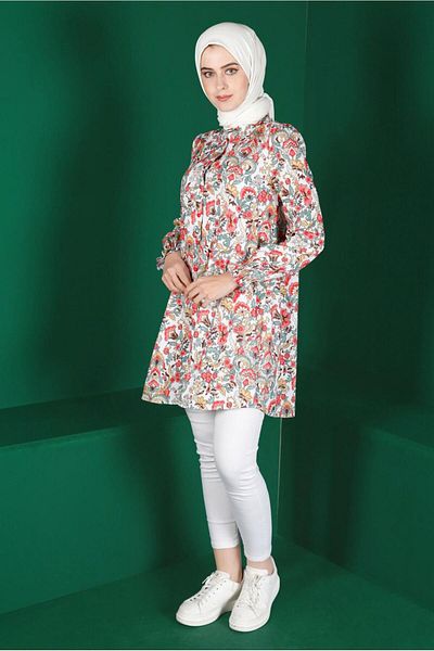 Alvina 42912 Model Flower Patterned Buttoned Tunic