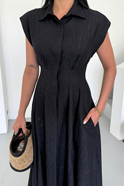 Viyamo Žakárové lněné šaty s předním rozparkem a kapsou - černé