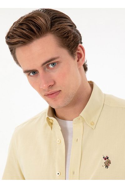 U.S. Polo Assn. Πόλο Ασν. Ανδρικό πουκάμισο με κανονική εφαρμογή γιακά ανοιχτό χακί ENZOGL