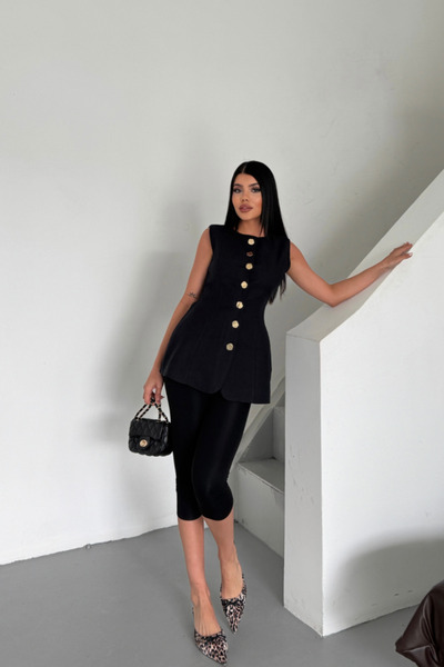 Modayakamoz Linen Vest with Waistband and Row Button Detail - Black