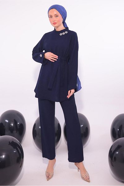 TRENDTESETTÜR Women's Navy Blue Stone Detailed Pantalon Set t 5084