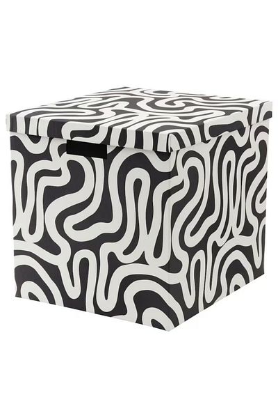 IKEA TJENA Storage Box with Lid, Patterned Black/White, 32x35x32 cm – Stylish & Durable