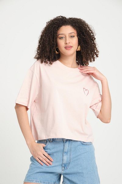 Store 100% Cotton Crew Neck Short Sleeve T-Shirt - Stylish Heart Detail