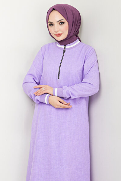 ModaMerve Yarım Fermuarlı Keten Takım 1724SVL982-M Lila&Ekru