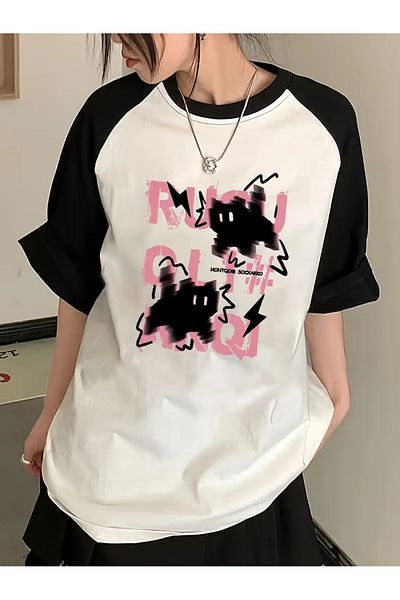 Touz Moda Y2K Cartoon Μαύρο Ροζ Γάτα Λευκό Raglan Oversize T-shirt