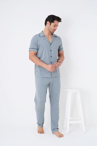 Siyah İnci blue melange Costum de pijama pentru bărbați cu mânecă scurtă, guler, cu nasturi7822