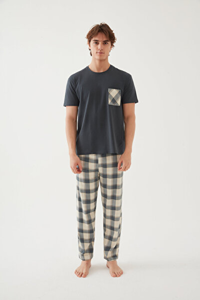koza iç giyim Ανδρικό βαμβακερό μπλουζάκι καπνιστό σετ πιτζάμες με κοντό μανίκι με τσέπη στο στήθος