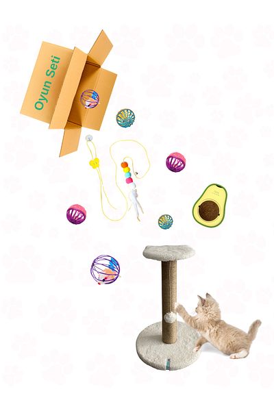 Petilux Large Cat Play Set - Scratching Post, Metal Cage Ball and Avocado Catnip Ball