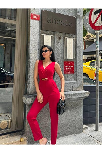 Modafeminen İthal Krep Kumaş Zincir Detaylı Tulum 582407 Kirmizi
