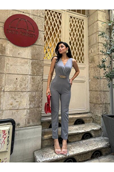 Modafeminen İthal Krep Kumaş Zincir Detaylı Tulum 582407 Gri