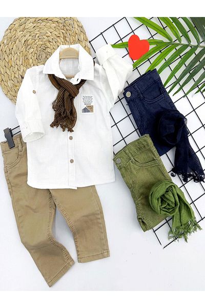 Skygo 9-12-18-24 Months and 3-4-5 Years Old 3-Piece Baby Boy Set with Scarf, Cotton Linen Shirt and Pants