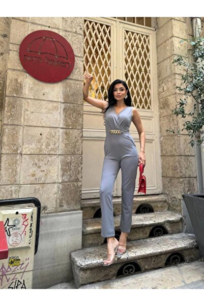 Modafeminen İthal Krep Kumaş Zincir Detaylı Tulum 582407 Gri