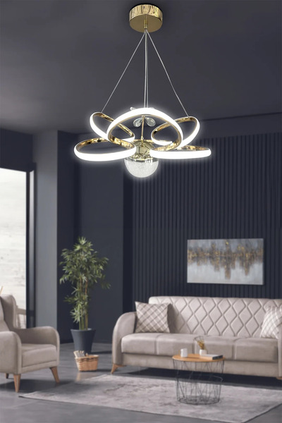 RSCOLLECTIONS Kral Tacı Model Tek Toplu Led Avize - 3 Renk Kumandalı Gold