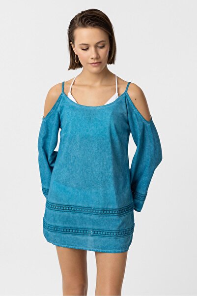 Deriderim Бірюзове мереживне плаття на тонких бретелях з детальним рукавом трувакар з бавовняного пляжу