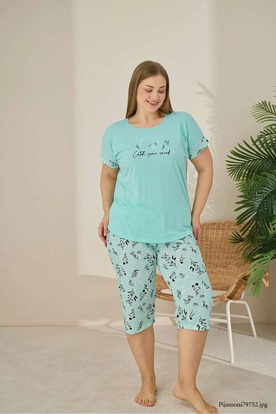Pijamoni Polyviscon Fabric Large Size Green Pajama Set - 7345