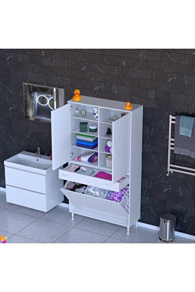 Modilayn YENİ AFRA 95x173x32,5 cm' lik 1 Çekmece, 3 Göz Sepet, 2 Kapak, 8 Raf Dar Alan Banyo Dolabı