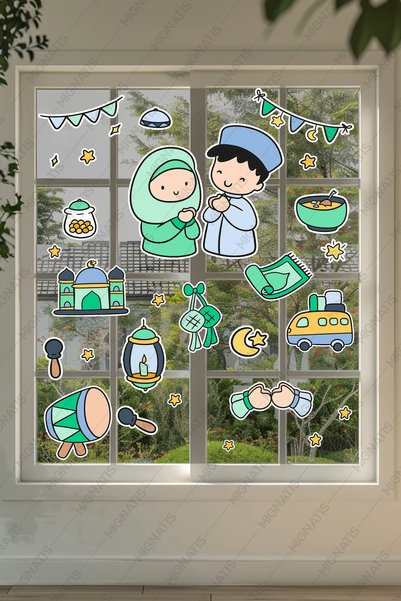 MIGNATIS Praying Kids - Ramadan Bear Themed Ramadan Sticker Set Glass Wall Ornaments Children's Room