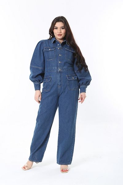 Şans Women's Large Size Navy Blue Bellows Pocket Sleeves Drawstring Detailed Denim Jumpsuit 65N38883