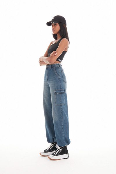 its basic Γυναικείο Tint Denim Color Cargo Pocket Leg Elastic Jogger Fit Denim