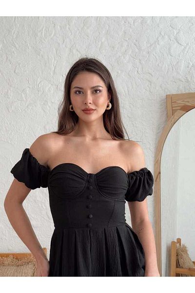 FASHION COCKTAIL Tiny Puff Balloon Sleeve Buttoned Oyster Chest Cup Off Shoulder Fold Skirt Mini Dress