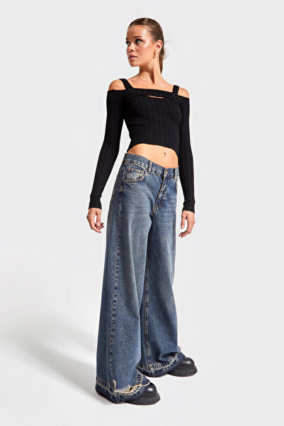 its basic T. Denim Color 12w48 Palazzo Fit Women's Denim with Ripped Detail