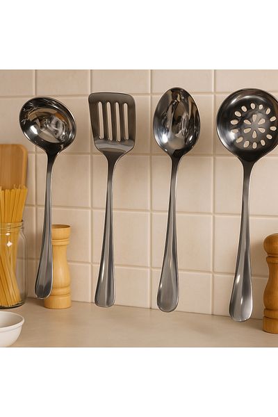 Fİ HOME 4 Piece Steel Flat Serving Set Ladle Colander Spoon Spatula Set Dowry Kitchen Set