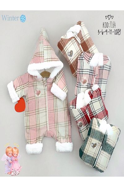 Skygo 3-6-9-12 Months Hooded Plaid Baby Girl Jumpsuit with Lamb Neck and Zipper
