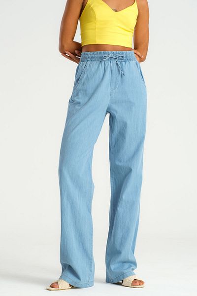 its basic Pantaloni de vară subțiri de culoare albastru deschis pentru femei, cu talie elastică