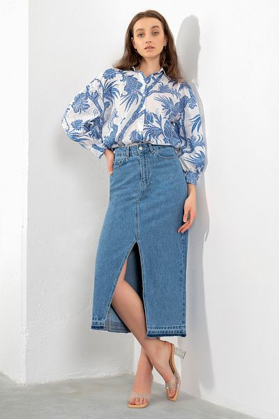 its basic Fusta lungă din denim cu talie înaltă, de culoare albastră