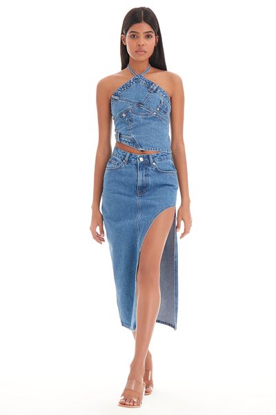 its basic Fusta lungă de denim de culoare albastră pentru femei, cu detaliu cu fantă adâncă pe lateral