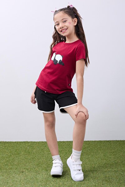 Perendi Girl's Cherry Panda Printed Short Sleeve T-Shirt and Black Shorts Set