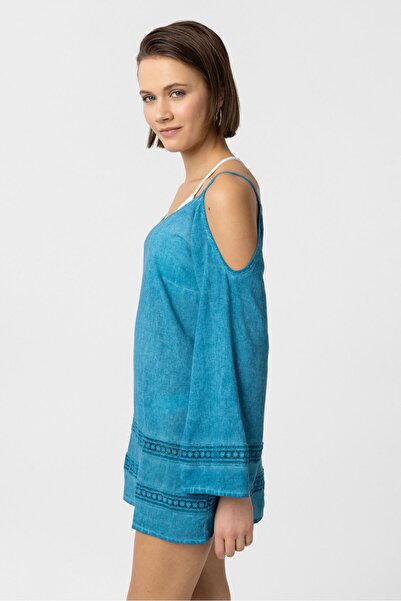 Deriderim Бірюзове мереживне плаття на тонких бретелях з детальним рукавом трувакар з бавовняного пляжу