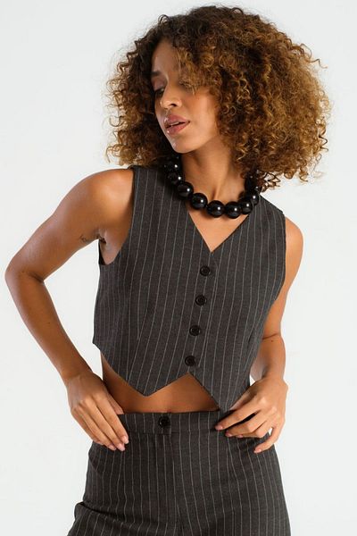 its basic Women's Anthracite Striped Color Front Buttoned Crop Fit Fabric Vest