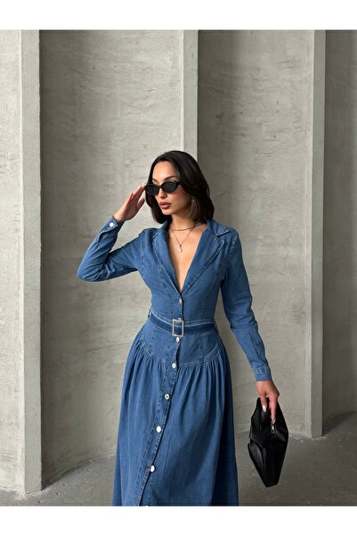 Miss Prova Μπλε τζιν μακρύ φόρεμα με αγκράφα MISSEL1055