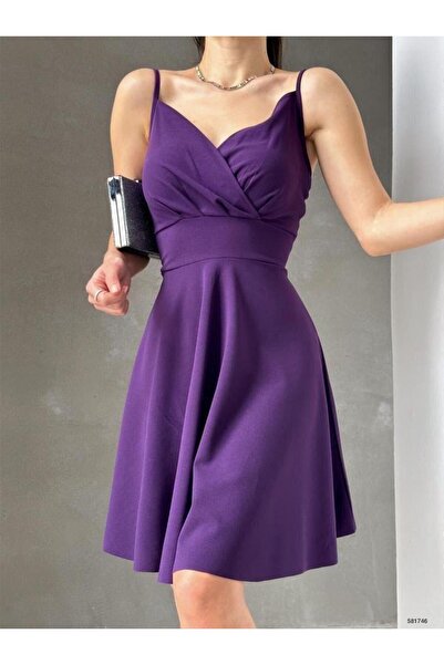 Modafeminen Krep Kumaş Ince Askılı Kloş Elbise 581746 Mor