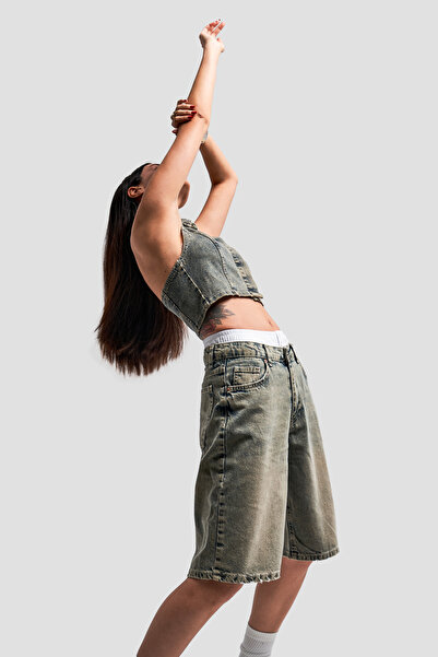 its basic Kadın S Tint Kot Rengi Boxer Detaylı 60cm Palazzo Denim Şort