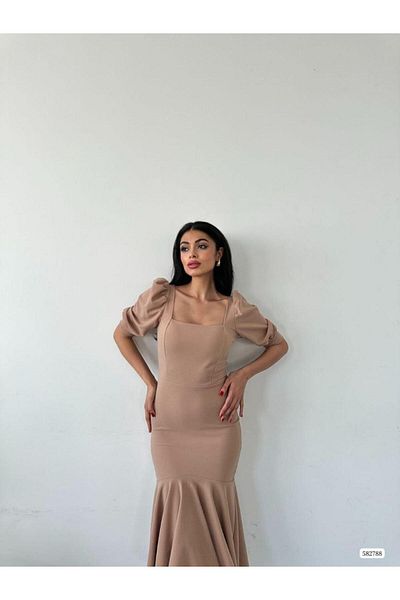 Modafeminen Φούστα με τετράγωνο γιακά με βολάν Λεπτομέρεια Midi βραδινό φόρεμα 582788 Mink