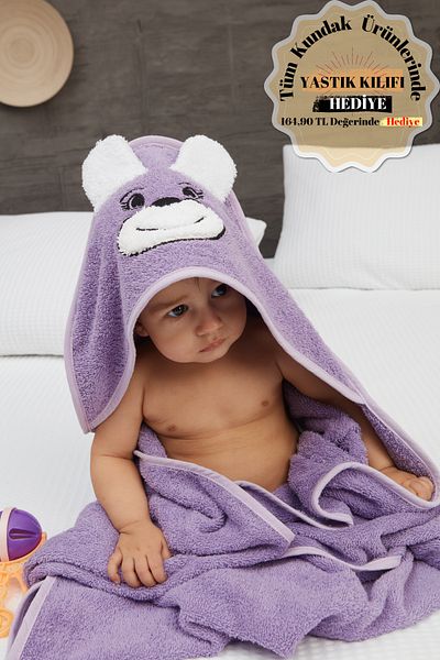 Mislina Home Pupy Bear Lilac Embroidered Hooded Baby Swaddle Towel - 100x100cm