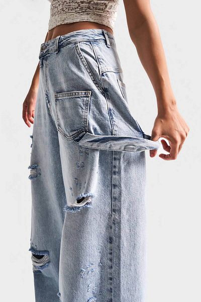its basic Blugi de damă, culoare 12S5-3 Mega Baggy Fit, super largi, 100% bumbac, blugi din denim cu talie medie