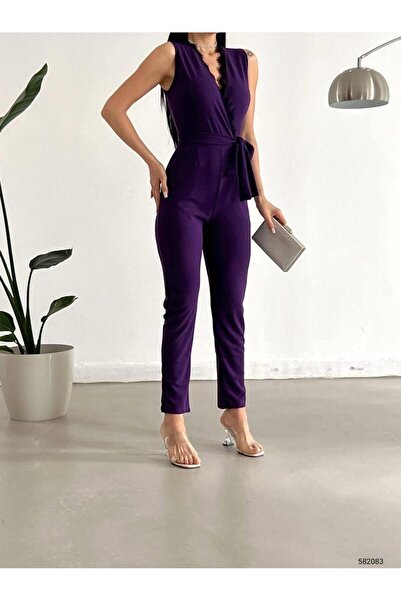 Modafeminen Dantelli Yaka Krep Kumaş Tulum 582083 Mor