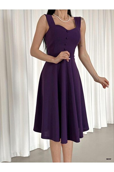 Modafeminen Askılı Kalp Yaka Midi Boy Krep Kumaş Abiye Elbise 582187 Mor